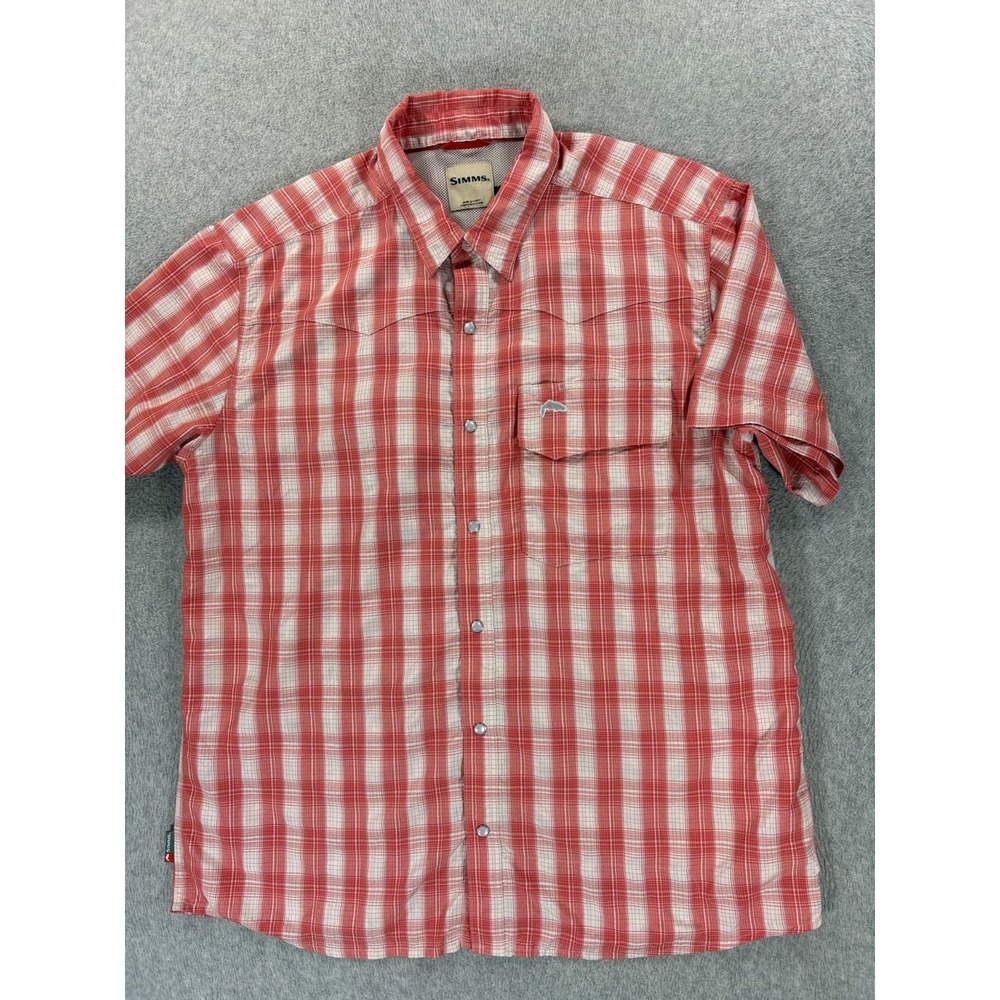 Simms Breathable Short Sleeve Plaid Button Down Shirt (Men's Large) Pink/Red